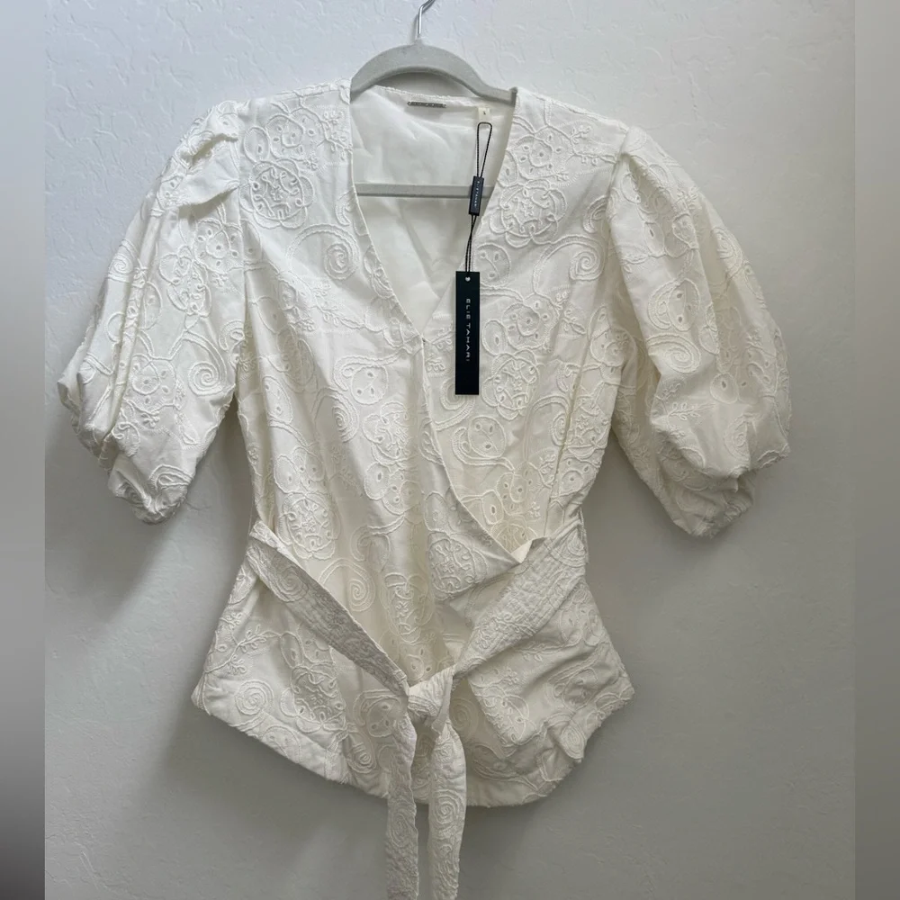 Zara Cream Eyelet Puff-Sleeve Wrap Top